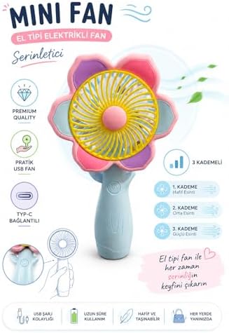 Alternative view of Mini El Fanı USB Şarjlı Type-C Bağlantılı 3 Kademeli Taşınabilir Elektrikli Fan Masaüstü ve El Tipi Kullanım Renk Serinletici Fan Mavi Sarı Pembe Çiçek