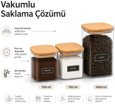 Alternative view of Vakumlu 3lü Bambu Saklama Kabı Seti, 2800 Mililitre, Mika Plastik, Sert Dayanıklı, Hava İle Temas Etmez Sızdırmaz Kapak, Ahşap Kapaklı, 700ml x2 ve 1400ml