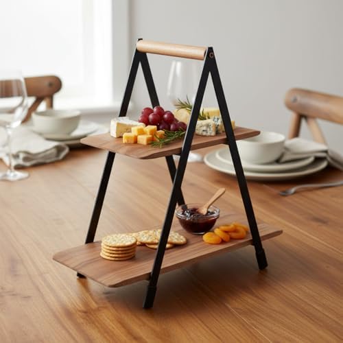 2 Katlı Akasya Ahşap Sunum Standı - Silikon Kaplamalı Siyah Metal Gövdeli Meyvelik Kurabiyelik Kahve Köşesi ve Mutfak Banyo Düzenleyici Organizer (16 x 26.5 x 34 cm)