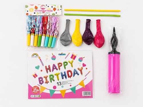 DORDOİ 28 Parça HAPPY BİRTHDAY Parti Seti – Renkli Folyo Harf Balon, Balon Şişirme Pompası, Kaynana Dili ve Balonlu Doğum Günü Süsleme Seti