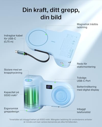Stage PowerGrip, Manyetik Kablosuz Şarjlı Kamera Tutacağı 9300 mAh, Geri Çekilebilir USB-C Kablolu Power Bank, Bluetooth & Tripod Bağlantısı, LCD Ekran, iPhone ve Pixel için Şarj Cihazı