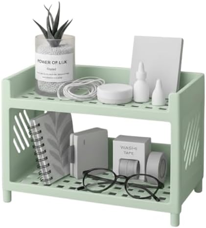 Çok Amaçlı 2 Katlı Organizer Raf – Açık Yeşil Plastik Düzenleyici Stand – Banyo, Mutfak, Masaüstü ve Ofis İçin – 25 x 18 cm