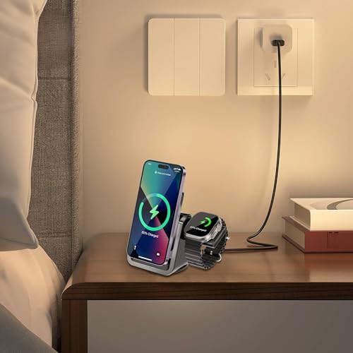 3-in-1 Kablosuz Şarj Standı, Telefon Saat, Ayarlanabilir Açılı, LED Işıklı, iPhone ile Uyumlu-Watch ile Uyumlu - Görsel 2