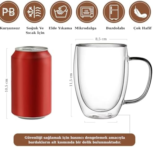 Çift Duvarlı Cam Kahve Kupası 250ml – Isıya Dayanıklı, Mikrodalga & Bulaşık Makinesi Uyumlu, 2’li Şık Set