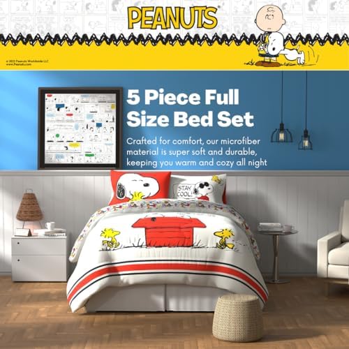 Franco Peanuts Classic Pals Süper Yumuşak Yorgan ve Çarşaf Seti, 5 Parça Tam Boy, (Resmi Lisanslı Ürün) Koleksiyon Ürünleri