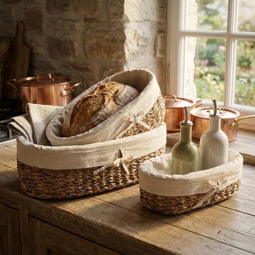 3'lü Hasır Oval Bezli Düzenleyici Sepet Seti - Çıkarılabilir Kumaş Astarlı Ekmek ve Sunum Sepeti - Banyo, Mutfak ve Bebek Odası İçin Çok Amaçlı Organizer (42x25 cm Büyük Boy)