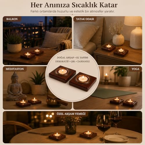 Alternative view of BFASTORE El Yapımı Ahşap Tealight Mumluk Seti, Dekoratif Tasarım, 2 Adet, 9x7x1,5 cm, Renk Seçenekli (Koyu Maun Mumluk + Antik Renkli Hazne)