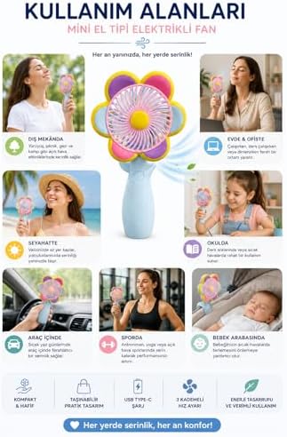 Mini El Fanı USB Şarjlı Type-C Bağlantılı 3 Kademeli Taşınabilir Elektrikli Fan Masaüstü ve El Tipi Kullanım Renk Serinletici Fan Mavi Pembe Sarı Papatya
