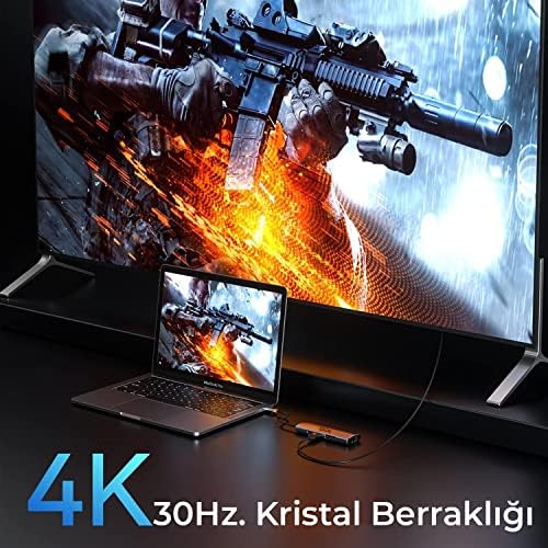 BX10HB 8'i1 Arada Type-C Hub 4K@30Hz HDMI Bağlantı, 100W PD Güç Dağıtımı C Tipi Şarj Bağlantı Noktası, 1Gbps Ethernet, 3* USB 3.0, Macbook Pro/Air, Windows, Chrome/Android Uyumlu Çoklayıcı Adaptör