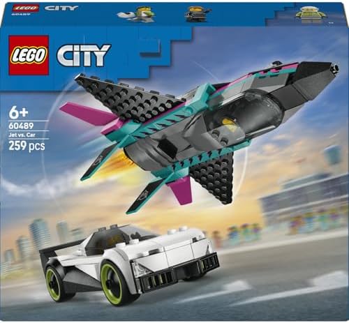 City Jet, Arabaya Karşı 60489 – 6 Yaş ve Üzeri Erkek ve Kız Çocuklar için Pilot ve Sürücü Minifigürleri İçeren Yaratıcı Oyuncak Araba Yapım Seti, Çocuklar için Eğlenceli Hediye Fikri (259 Parça)