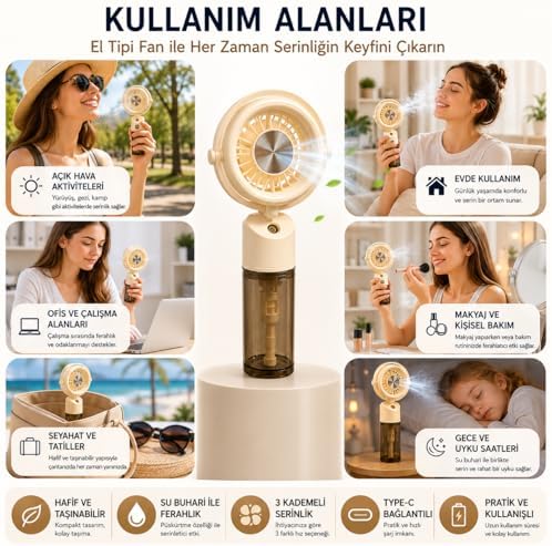 Alternative view of Mini El Tipi Fan Su Buharlı Serinletici Fan, USB Type-C Şarjlı, 3 Kademeli Hız Ayarlı, Taşınabilir Elektrikli Fan, Nemlendirici Püskürtmeli Portatif Fan, Ofis, Seyahat, Araç ve Günlük Kullanım İçin