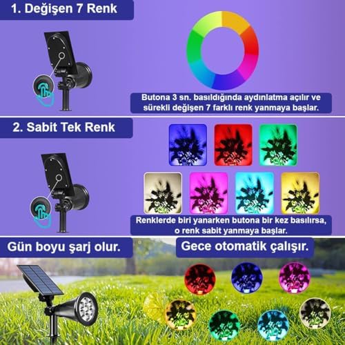 Güneş Enerjili Renk Değiştiren 7 Ledli Bahçe Aydınlatma/GT-SL04