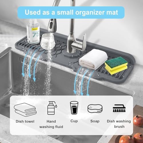 Alternative view of Xspring Silikon Musluk Matı, 43x15 cm Mutfak Lavabo Koruyucu, Silikon Musluk Matı Bulaşık Süngeri Tutucu, Kaymaz Gri Kurutma Matı, Mutfak ve Banyo Tezgah Koruma