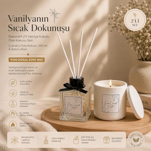 Alternative view of Vanilya Kokulu Dekoratif Oda Kokusu Seti - 120g Kapaklı Beyaz Beton Mum & 100ml Çubuklu Oda Parfümü