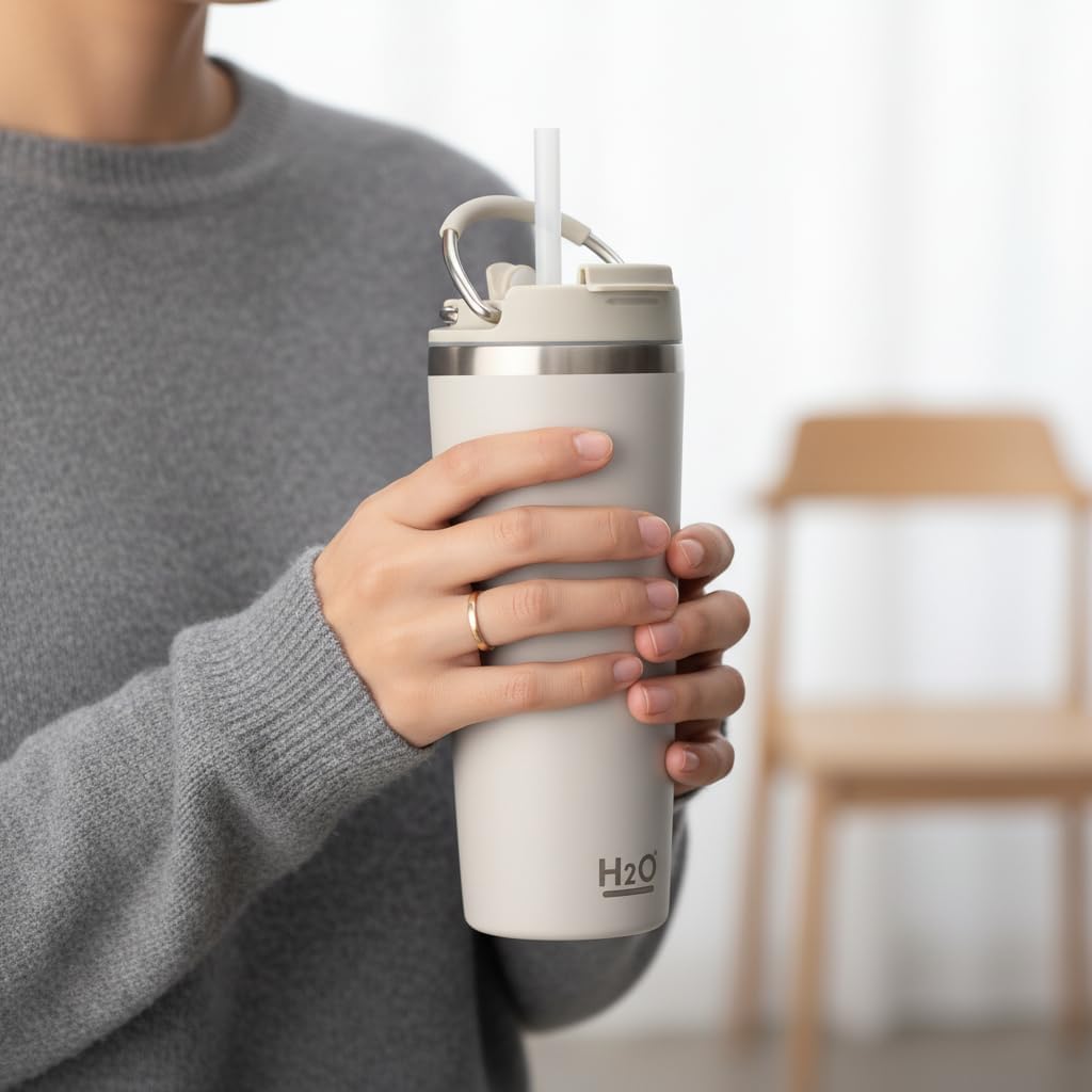 660 ml Pipetli Paslanmaz Çelik Termos Kupa - 4 Renk Seçeneği (Krem, Yeşil, Siyah, Mavi) - Büyük Boy (Venti) Sıcak ve Soğuk Tutan Mug (KREM)