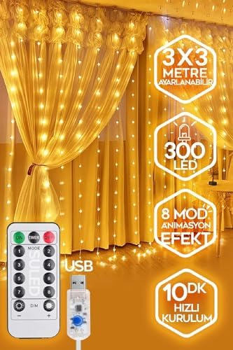 3x3 Metre Perde Led Işık, 300 Ledli 10 Sarkıtlı Dekoratif Peri Led, Uzaktan Kumandalı ve 8 Fonksiyonlu, USB Girişli Günışığı (Sarı) Duvar ve Perde Aydınlatması - Görsel 3