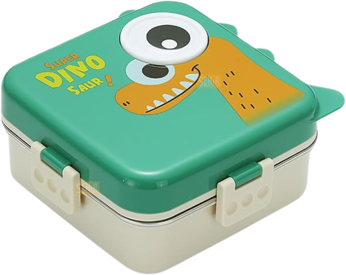 1120ml Lunchbox Dinozor Desenli Tek Katlı 3 Bölmeli Paslanmaz Çelik Sefer Tası Yemek Kutusu (Yeşil)