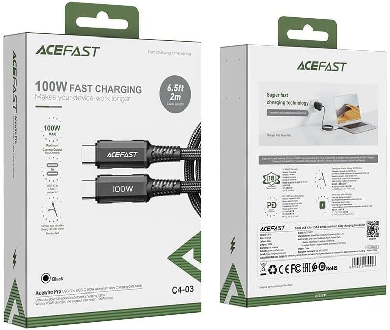 Acefast USB-C to USB-C 2 Metre Kablo 5A -100W Güç PPS 2.0 - Super Hızlı Şarj - Apple Uyumlu Type-C Şarj Data Kablosu - C4-03 - Görsel 3