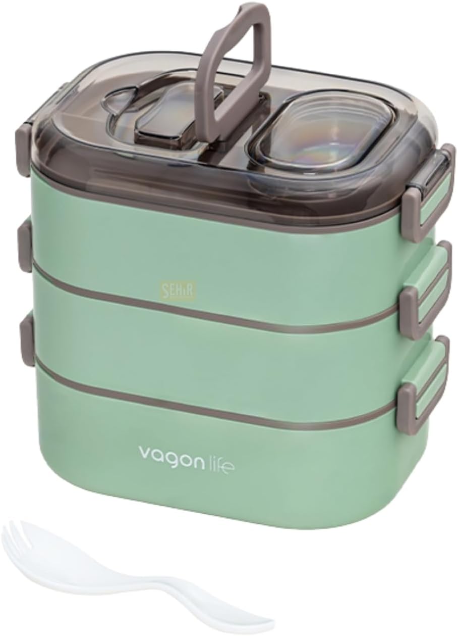 Alternative view of Bento 1450ml Lunchbox Üç Katlı 5 Bölmeli ve Mini Sosluklu Çelik Sefer Tası Yemek Kutusu (Yeşil)
