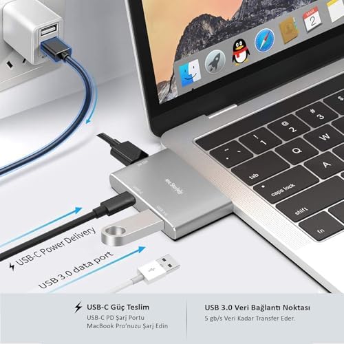 Dual USB-C Hub Çoklayıcı Adaptör | 4K HDMI 60Hz, USB 3.0, PD Şarj Geçişli | Apple MacBook Air ve Pro (Çift USB-C Modeller) ile Uyumlu | Alüminyum Gri