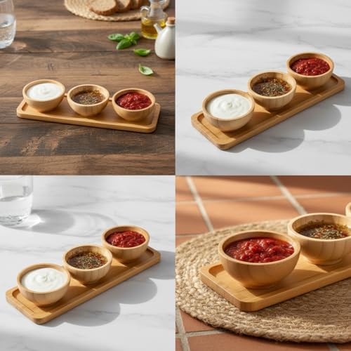 Doğal Bambu Standlı 3'lü Yuvarlak Sosluk ve Çerezlik Seti (20x6,5 cm) - Kahvaltılık İkramlık Takımı - Görsel 3
