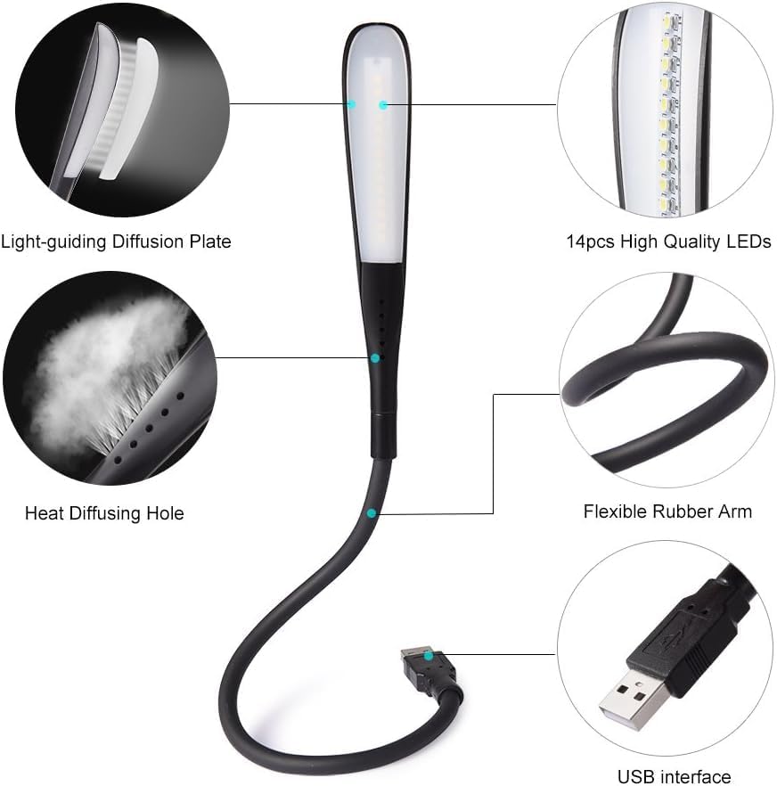 3 Mod Seviyeli Dokunmatik USB LED Masa Lambası, 14 LED Beyaz Işık, Ayarlanabilir Parlaklık, Kitap Okuma Lambası, Çalışma Masası Ofis Lambası, PC, Laptop Uyumlu, Gece Lambası
