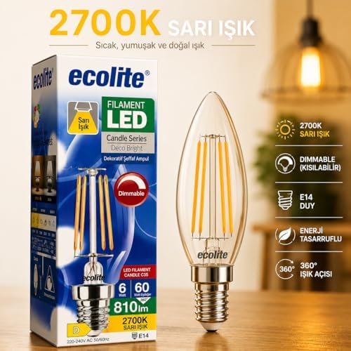 Alternative view of Filament LED Mum Ampul E14 Duy 6W 810 Lümen Dim Edilebilir 2700K Sarı Işık Şeffaf Dekoratif Vintage Ampul 60W Eşdeğer C35 Candle Series (3)