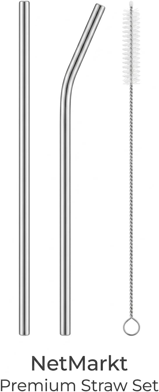 Paslanmaz Çelik Pipet Seti - 2 Adet Tekrar Kullanılabilir Metal Pipet (1 Düz, 1 Eğri) ve 1 Adet Temizleme Fırçası, Çevre Dostu, Bulaşık Makinesinde Yıkanabilir Ekolojik Pipet Seti - Görsel 3
