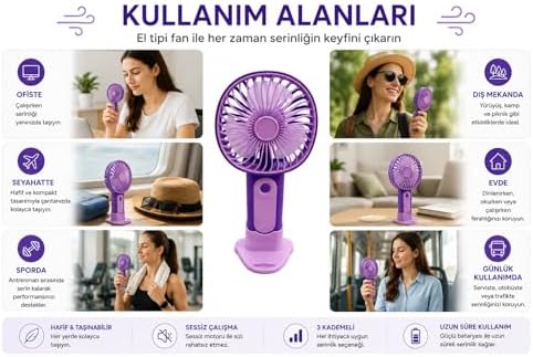 Mini El Fanı USB Şarjlı Type-C Bağlantılı 3 Kademeli Taşınabilir Elektrikli Fan Masaüstü ve El Tipi Kullanım Mor Renk Serinletici Fan