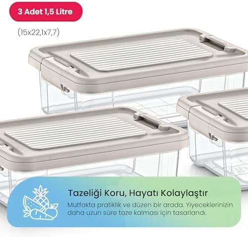 Alternative view of 3’lü Orta Boy Saklama Seti (3 x 1.5 Litre) – Mat Dokulu Bej, Kilitli Kapaklı İstiflenebilir Premium Gıda Kabı