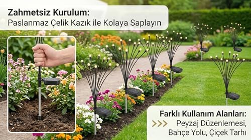 Güneş Enerjili Ateş Böceği Bahçe Aydınlatması, IP65 Su Geçirmez Dış Mekan Dekoratif Solar Lamba, 2 Modlu (Sabit/Yanıp Sönen), Otomatik Sensörlü Çim, Veranda ve Peyzaj Işığı