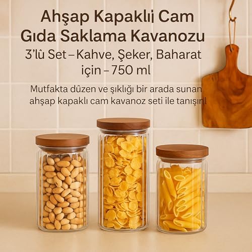 Alternative view of Ahşap Kapaklı Cam Gıda Saklama Kavanozu Vakum Kapaklı Büyük Boy Erzak Bakliyat Seti 3'lü Set 750 ml