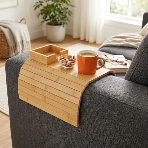 Bambu Koltuk Kenarı Tepsisi ve Organizer - Katlanabilir Bölmeli Ahşap Kanepe Yanı Sehpa, Bardaklık ve Kumandalık (41 x 33.5 x 4.5 cm) - Görsel 3