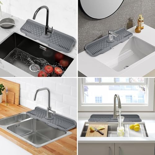 Xspring Silikon Musluk Matı, 43x15 cm Mutfak Lavabo Koruyucu, Silikon Musluk Matı Bulaşık Süngeri Tutucu, Kaymaz Gri Kurutma Matı, Mutfak ve Banyo Tezgah Koruma