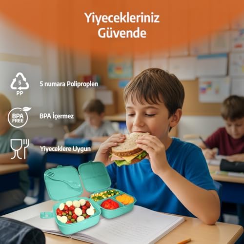 Bölmeli Beslenme Kutusu, Çocuk Kahvaltı Saklama Kabı, Öğrenci Okul Piknik Kamp İş, Öğle Yemeği Yiyecek Koyma Çantası (Açık Mavi - Resimsiz) - Görsel 3