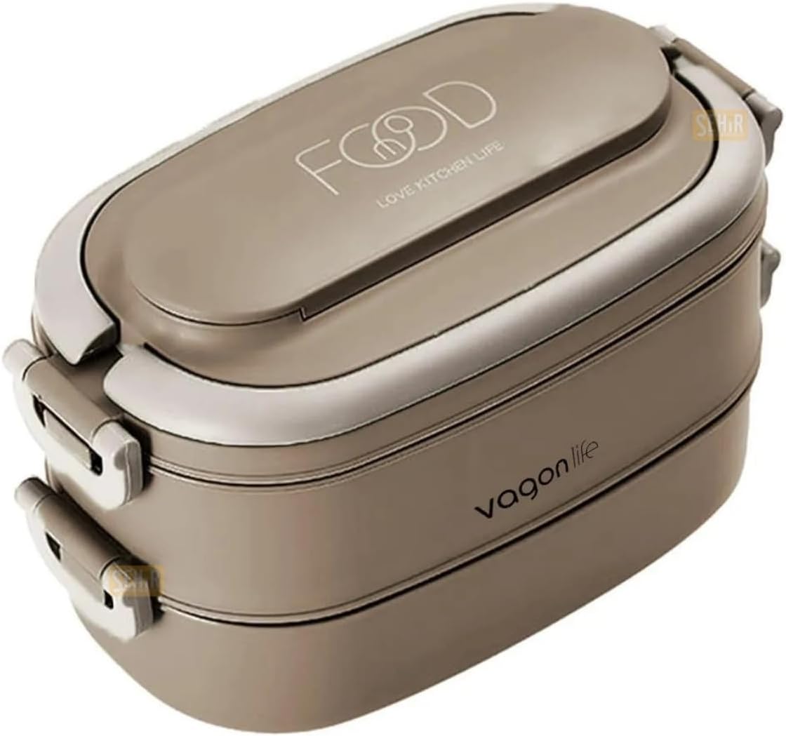 1140ml Lunchbox 2 Katlı 4 Bölmeli Mini Kaseli Çelik Sefer Tası Yemek Kutusu (Kahverengi) - Görsel 3