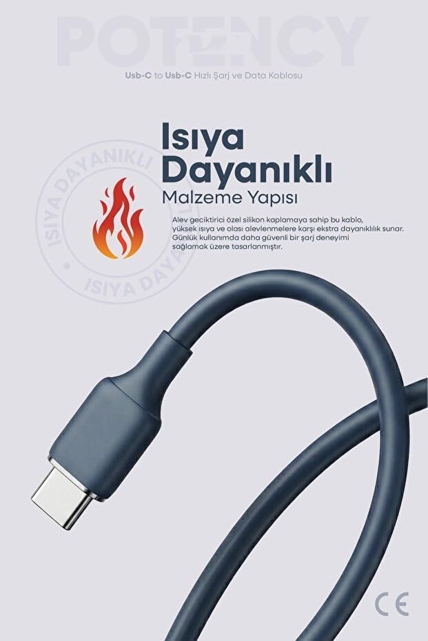 60W Potency Type-C to Type-C Isıya Dayanıklı Hızlı Şarj ve Data Kablosu 1.2m Siyah - Görsel 3