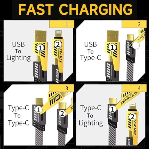 4 in 1 Çoklu USB Şarj Kablosu: 1M, Type C to Lightning Örgü Şarj Kablosu USB A/USB C 65W Tip C/27W PD Her Cihaz ile Uyumlu Metal Başlıklı - Görsel 2