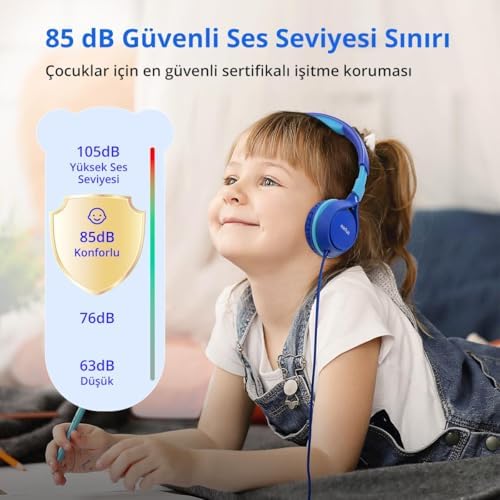 EarFun S1 Kablolu Kulaküstü Çocuk Kulaklık - Ayarlanabilir Kafa Bandı - Okul/seyahat/erkek/kız Çocuklar/bilgisayar/tablet Için Taşınabilir - Mavi (EarFun Türkiye Garantili)