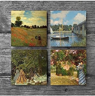 Pinecone Claude Monet Bahçede, Kırda Öğle Yemeği, Argenteuil'de Köprü, Gelincikler Taş Bardak Altlığı Seti - 4 Parça - Dekoratif, Rustik Mutfak Aksesuarı, 10x10 cm, Kaydırmaz Tabanlı SC128 - Görsel 3