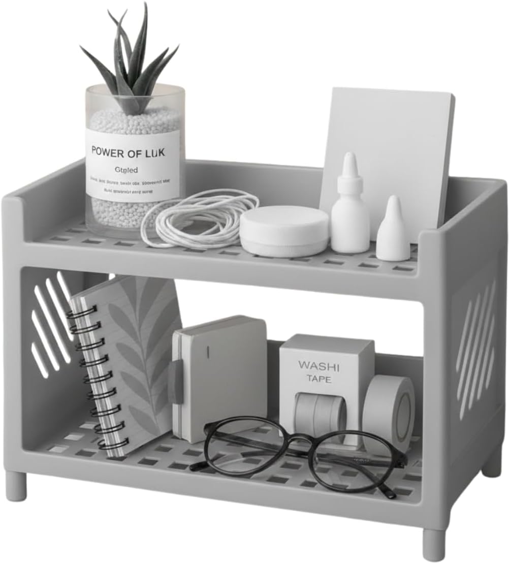 Alternative view of Çok Amaçlı 2 Katlı Organizer Raf – Gri Plastik Düzenleyici Stand – Banyo, Mutfak, Masaüstü ve Ofis İçin – 25 x 18 cm