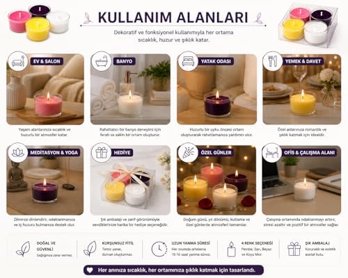 Mum Seti 4 lü - Dekoratif Mum Seti – Uzun Yanma Süreli - Kurşunsuz Fitilli – Ev - Spa - Yatak Odası ve Davet Organizasyonlar - Renkli - Ucuz - Hediyelik - Nişan - Düğün - Masaj -Sarı-Pembe-Beyaz-Mor - Görsel 3