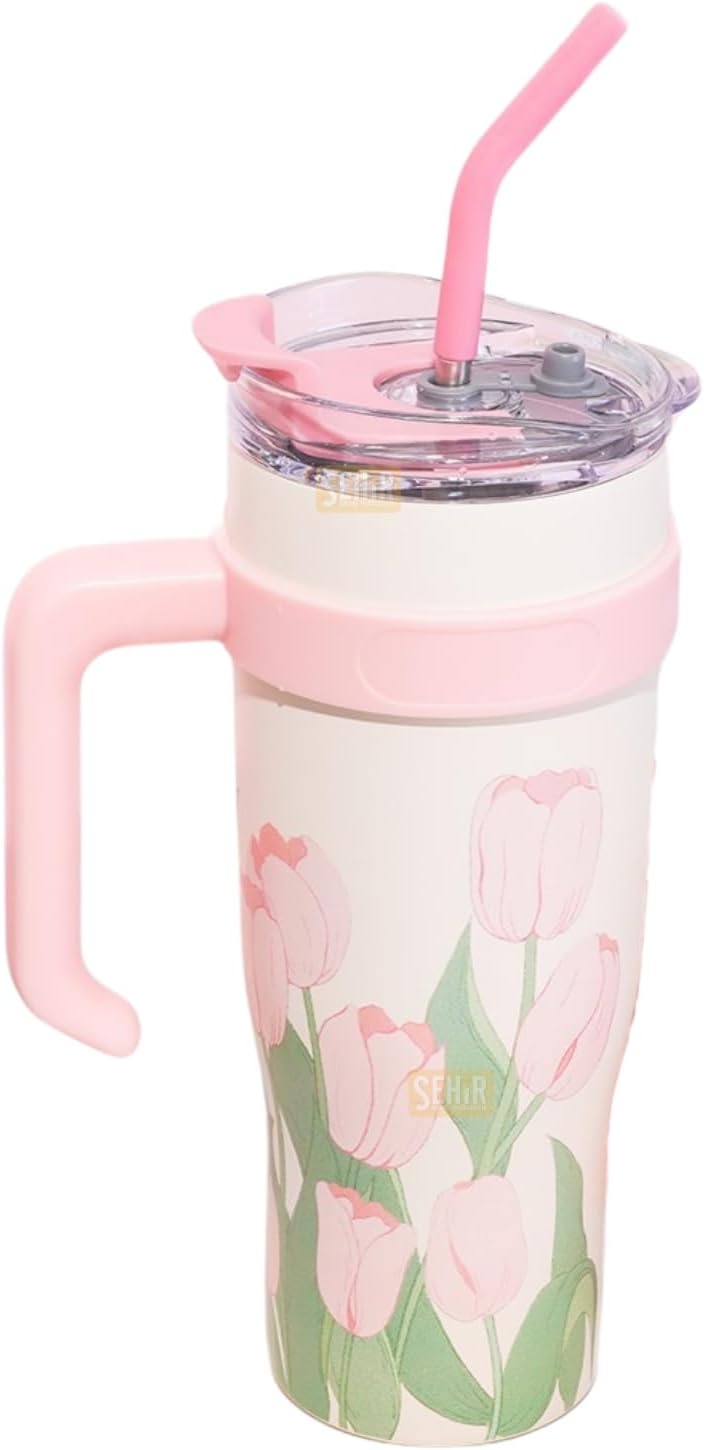 Alternative view of Diller 1200ml Pembe Lale Desenli Tumbler Pipetli/Pipetsiz Kulplu Paslanmaz Çelik Termos