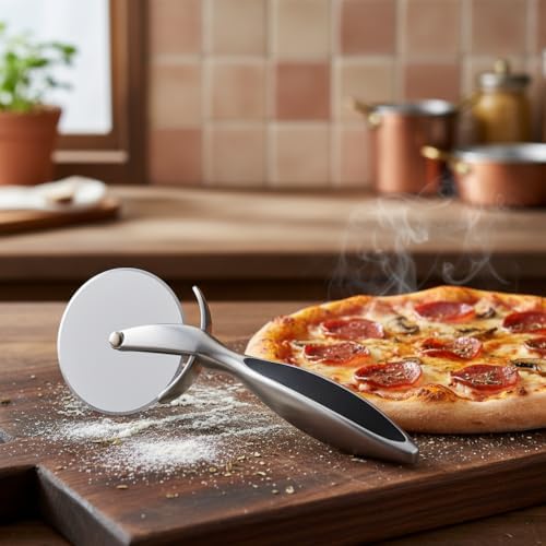 Paslanmaz Çelik Pizza Dilimleyici ve Kesici - Ergonomik Saplı Profesyonel Hamur Kesme Bıçağı - Parmak Koruyuculu Keskin Döner Bıçak - Görsel 3