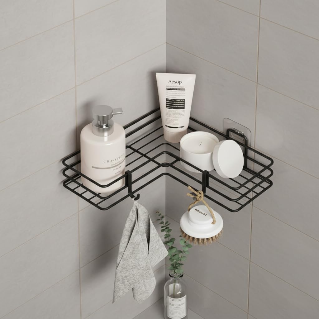 Yapışkanlı Banyo Köşeliği Köşe Rafı Duş Şampuanlık Duvar Düzenleyici Organizer Raf Siyah Metal