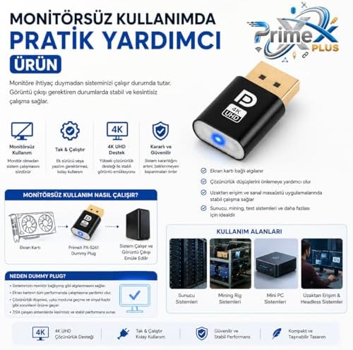 Alternative view of PX-5261 DisplayPort 4K UHD Display Dummy Plug, DP Sanal Monitör Adaptörü, Ekran Kartı Emülatörü, Headless Display Emulator, Bitcoin Mining ve Uzaktan Erişim İçin