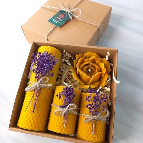 Balmumu Mum Dekoratif Hediye Kutusu 4 Lü Set Doğal Petek Beeswax Candle Açmış Gül (Mor Süslenmiş açmış gül) - Görsel 3
