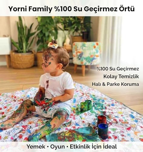 Yorni Family Su Geçirmez Yer/Masa Örtüsü, Aktivite, Yemek Ve Oyun İçin, Doğa Dostu Ve Çevreci, Ekoteks Sertifikalı, 150x180 cm
