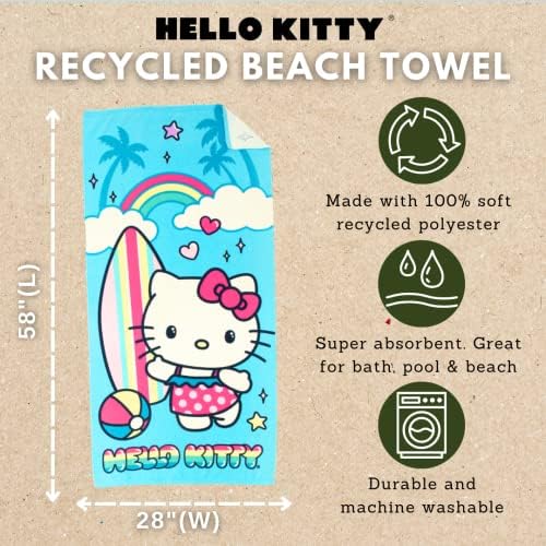 Franco Sanrio Hello Kitty Süper Yumuşak Hafif%100 Geri Dönüştürülmüş Plaj Havlusu Geri Dönüştürülmüş Plastik Şişelerden Üretilmiştir, 147 cm x 71 cm (%100 Resmi Lisanslı Sanrio Ürünü)