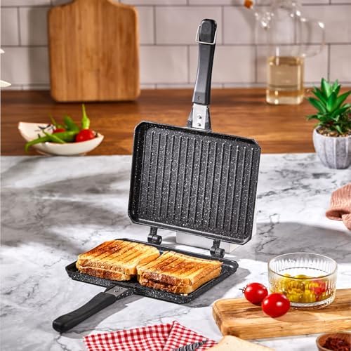Çift Taraflı Ocak Üstü Döküm Tost Makinesi, Granit Efektli Yanmaz Yapışmaz Sandviç ve Tost Tavası - Hamburger, Omlet ve Aperatifler İçin İdeal | Ergonomik Saplı Kolay Temizlenebilir Grill Tava